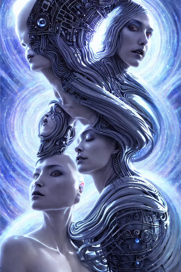 Prompt: epic stunning alien machine goddess of the black hole in white shimmering robes by android jones alex grey android jones alex grey mark cooper alien beauty goddess epic scale bluehaired timespace goddess with white robes and metallic machine deity artgerm photorealistic detailed hypervivid intense digital art by greg rutkowski max chroma