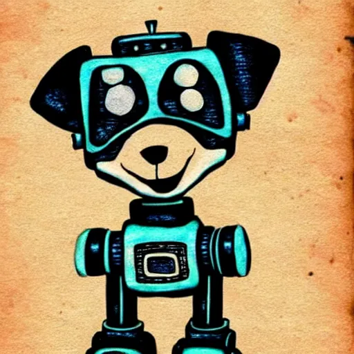 Prompt: a cute robot puppydog!!!. ( ( ( alcohol ink on parchment, muted colors, shading!!!, detailed, textured parchment background, 1 9 5 0 s concept art ) ) )