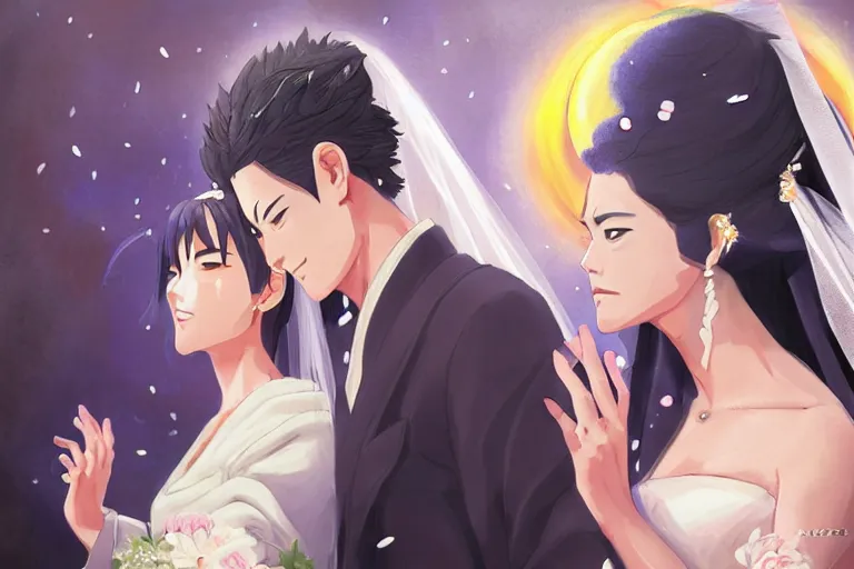 Image similar to a cinematic portrait of wedding photograph jpeg close up moment of a divine a japan sun god and moon goddess lovers magician at a wedding banquet. portraiture. digital painting. artstation. concept art. wedding photo. digital painting. naruto the movie art masterpiece by art by krenz cushart