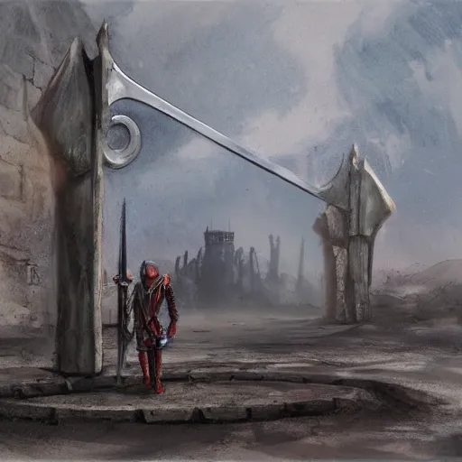 Prompt: an evil sword on the ground. ( concept art by enki bilal, museum picture, 4 k, backlit )