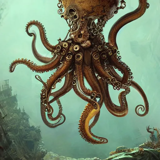 Prompt: underwater biopunk steampunk octopus, hyper detailed, digital art, trending in artstation, cinematic lighting, studio quality, smooth render, unreal engine 5 rendered, octane rendered, art style by klimt and nixeu and ian sprigger and wlop and krenz cushart.