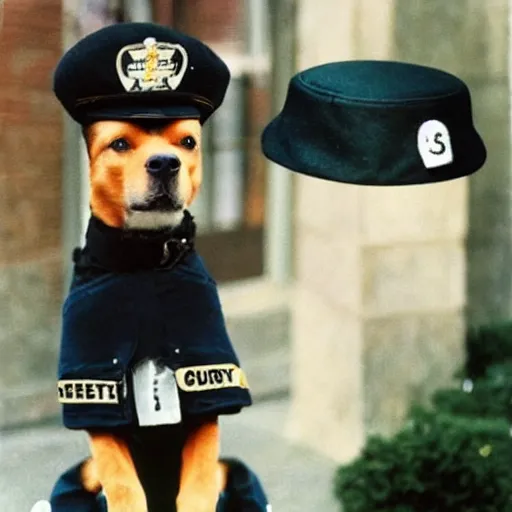 Prompt: A photo of a dog wearing a security guard\'s uniform and cap, 1990