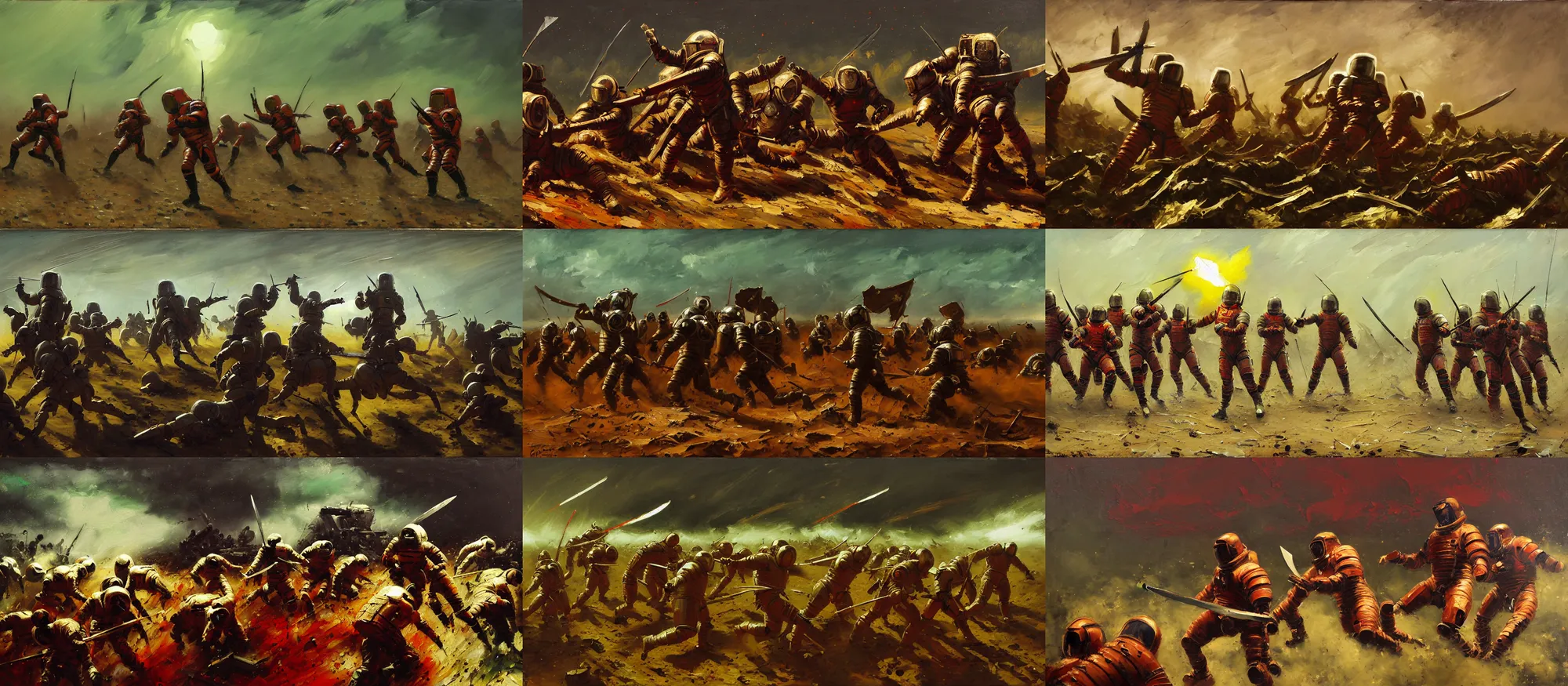 Prompt: battle scene, astronaut - legionaries with knives, segmented armor and sashimono, luminist style, tonalism, dramatic lighting, action scene, palette knife, frenetic brushwork, chiaroscuro, figurative art, detailed, proportions, spatter, dust, atmospheric, volumetric lighting, red iron oxide, raw sienna, sage green