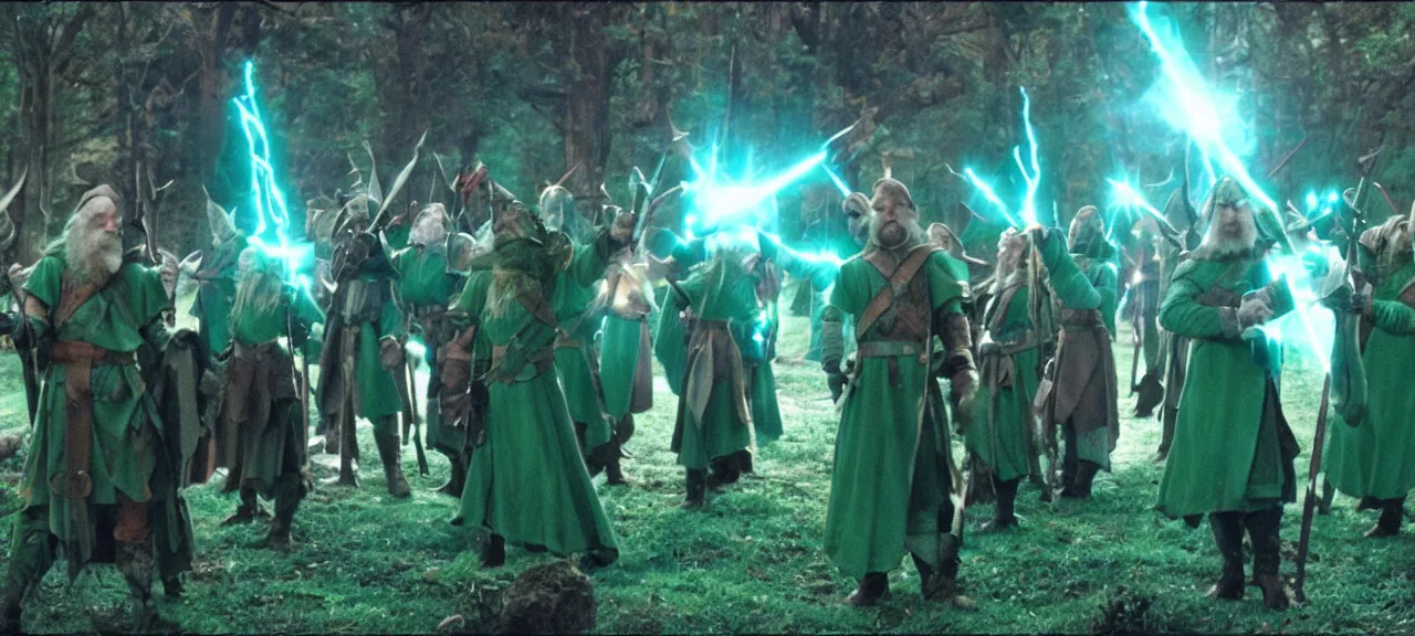 Prompt: The council of Elves gift the Dwarfs with magical defensive spell protection casting a visible blue green electric aura around the group of Dwarves, the light glinting off their Dwarven armor and weaponry. Cinematic film still. 35mm. Color Graded