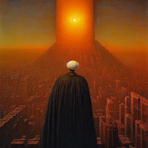 Image similar to a giant rabbi stands over a city painting by beksinski, barlowe colors. masterpiece painting