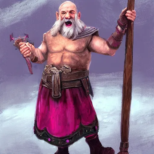 Image similar to male dwarfish cleric wearing only boots and a pink skirt, holding a holy symbol, he is preaching, he looks like he is insane. the background is a friendly tavern. The mood is friendly and welcoming. dungeons and dragons, highly detailed, digital painting, artstation, concept art, sharp focus, illustration, art by Josh kirby and John romita jr and moebius