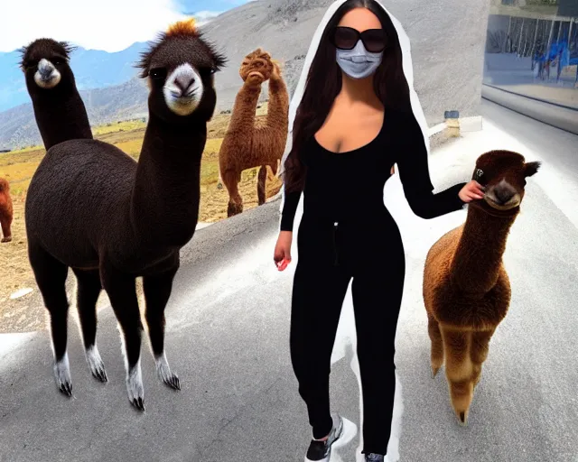 Prompt: a girl who looks like the mona lisa, going out for coffee wearing sweatpants and sunglasses, candid shot, photobomb by an alpaca, TMZ, by cameldeath