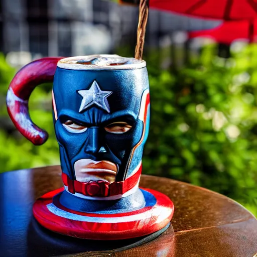 Prompt: a closeup photorealistic photograph of a glossy captain america style tiki mug sitting at an outdoor trader vic's bar featuring captain america's face. tiki theme. bright scene. fine detail. this 4 k hd image is trending on artstation, featured on behance, well - rendered, extra crisp, features intricate detail, epic composition and the style of unreal engine.