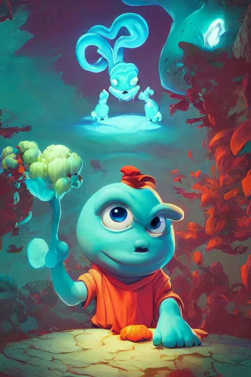 Image similar to smurf ghost creature animal sushi cristal very big eye roots cactus elemental flush of force nature micro world fluo fishscale, behance hd by jesper ejsing, by rhads, makoto shinkai and lois van baarle, ilya kuvshinov, rossdraws radiating a glowing aura global illumination ray tracing hdr