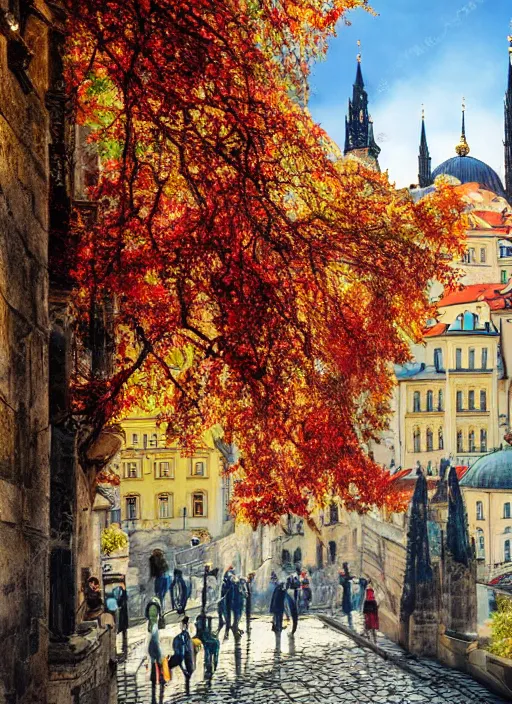 Image similar to painting of beautiful shot of Royal medieval European city like Prague mixed with Istanbul like Islamic architecture with greenery all around , autumn colors