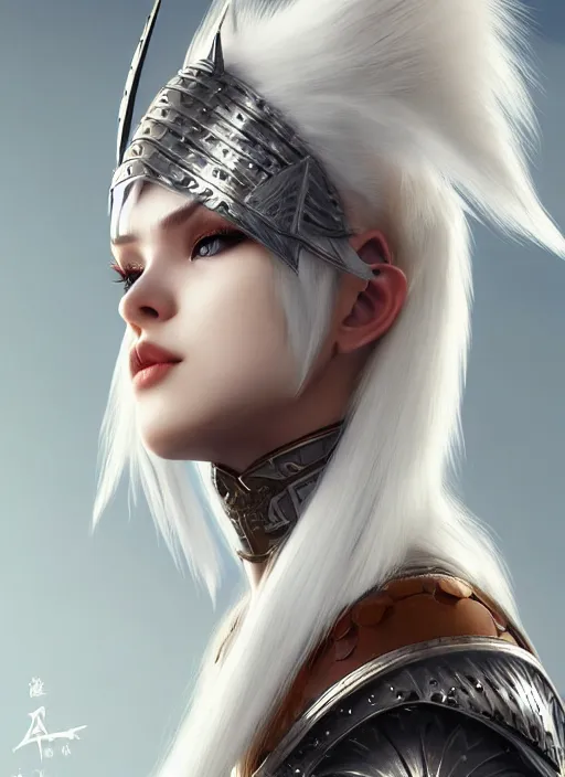 Image similar to warrior, fur leather armor!!! beautiful and elegant white hair female!! gorgeous ayes!! character concept art, sharp focus, octane render! unreal engine 5! highly rendered!! trending on artstation!! detailed linework!! illustration by artgerm, wlop, and chie yoshii