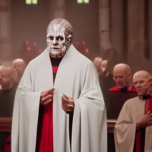 Image similar to emperor palpatine preaching to people at church, 8k cinematic lighting, very sharp detail, anatomically correct