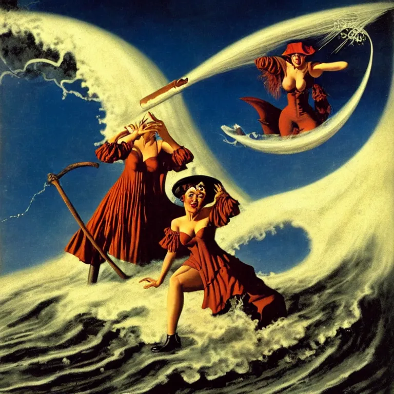 Prompt: a pirate witch summoning a giant wave by remedios varo and art frahm and earl moran and fritz willis and gil elvgren