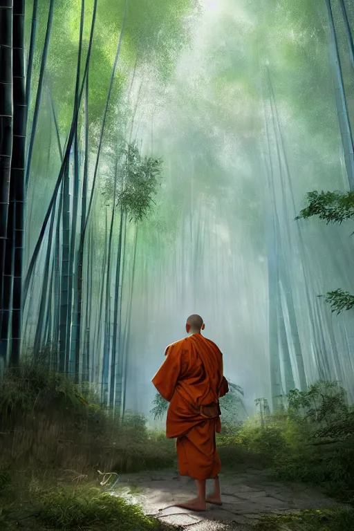 Image similar to a komuso monk in a mysterious japanese bamboo forest with light shafts, atmospheric lighting, by greg rutkowski, ultra realistic, concept art, intricate details, highly detailed, photorealistic, octane render, 8 k, unreal engine