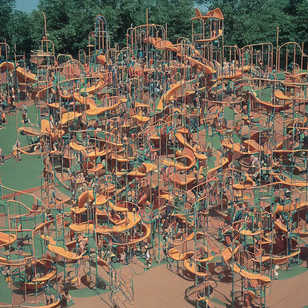 Image similar to full - color closeup 1 9 7 0 s photo of a vast incredibly - large complex very - dense tall many - level playground in a crowded schoolyard. the playground is made of dark - brown wooden planks, and black rubber tires. it has many spiral staircases, high bridges, ramps, and tall towers.