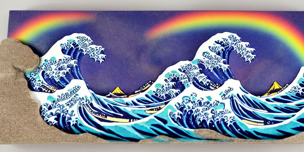 Prompt: carved diorama of The Great Wave off Kanagawa, but the water is made of a herd of Unicorns, with rainbow lava and neon fire, carved out of transparent marble