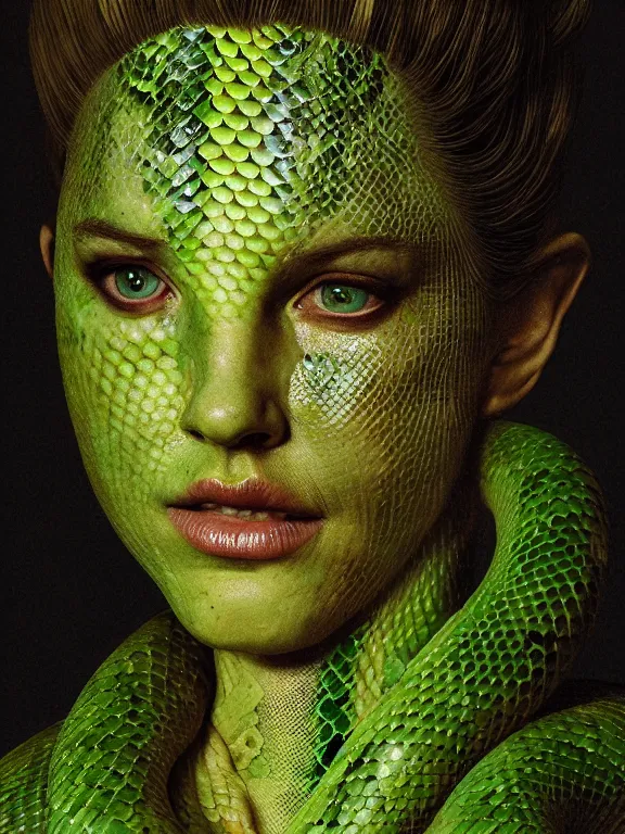 Image similar to portrait of the queen, skin peeling to reveal green! scales!, forked snake tongue sticking out, art by ryo shiotani and greg rutkowski, intricate, beautiful, portrait photography, cinematic lighting, vintage art by serge ivanoff, high resolution, very detailed