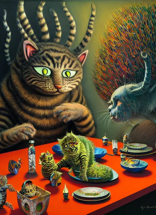 Image similar to hyper detailed 3d render, Oil painting, a cat dinner party - where the wild things are by Jacek Yerka, Mariusz Lewandowski, Houdini algorithmic generative render, Abstract brush strokes, Masterpiece, Edward Hopper and James Gilleard, Zdzislaw Beksinski, Mark Ryden, Wolfgang Lettl, hints of Yayoi Kasuma, octane render, 8k