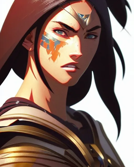 Image similar to azctec warrior, megan fox, detailed perfect face, exquisite details, fire magic, mid view, design on a white background, by studio muti, greg rutkowski makoto shinkai takashi takeuchi studio ghibli