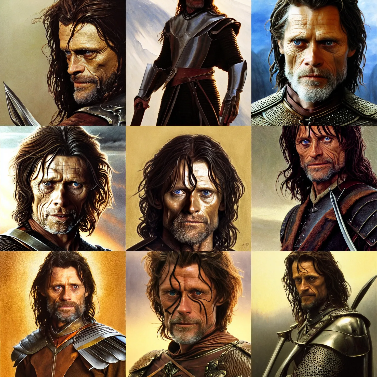Prompt: Willem Dafoe as Aragorn by Alan Lee, leather armor, golden hour, concept art, detailed clothing, art station, oil painting, art by artgerm and greg rutkowski and alphonse mucha