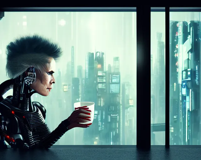 Image similar to a terminator cyborg lady with borg implants and optical fibers is drinking coffee near a window with dystopian city visible outside. very detailed 8 k. horror cyberpunk style.