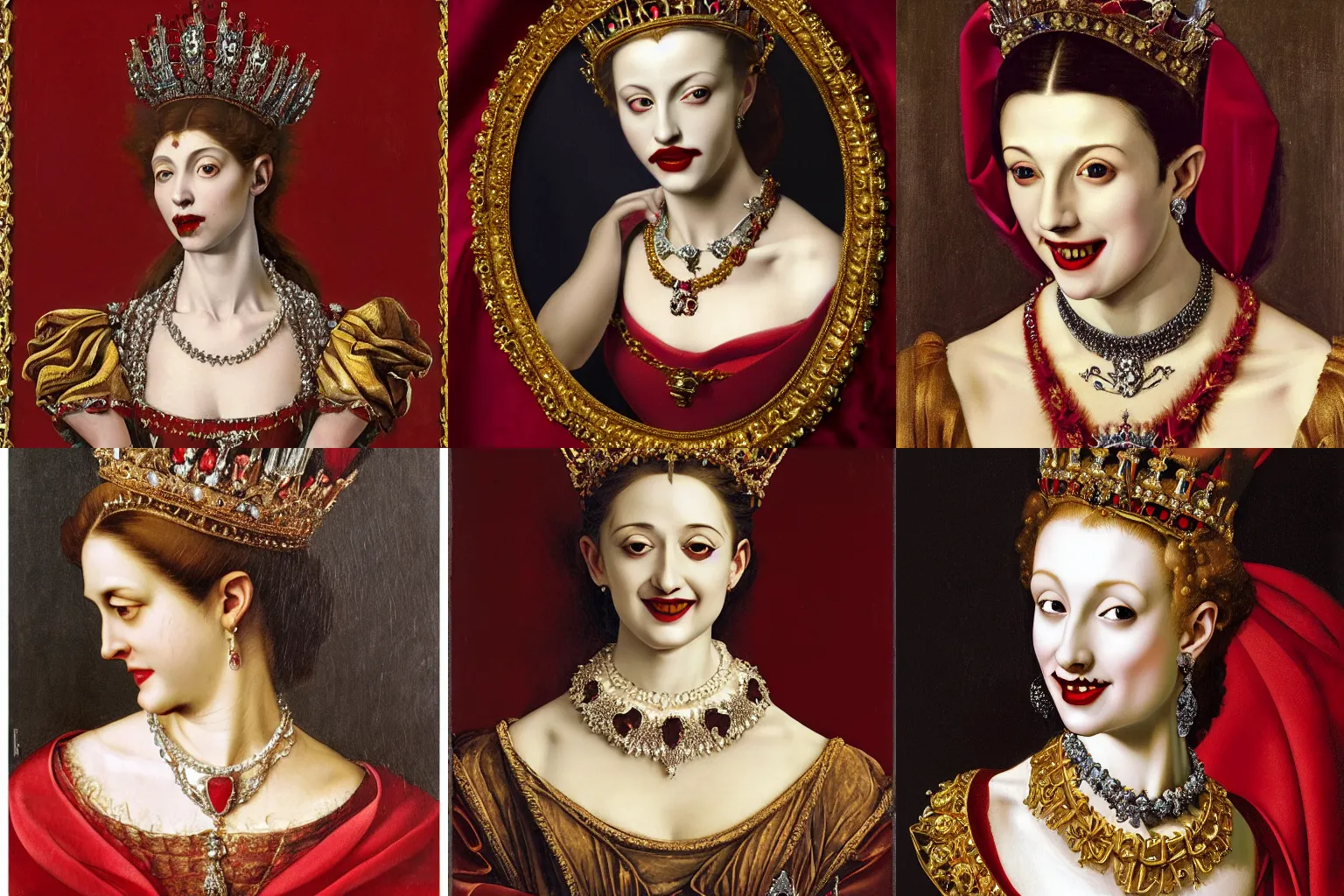 Image similar to A extremely highly detailed majestic hi-res beautiful head and shoulders painting of a beautiful bloody vampire woman with fangs wearing a long royal red silk dress, the crown jewels is on her head and around her neck is a ornate golden necklace decorated with diamonds and rupees and she is smiling wickedly by Michelangelo Merisi da Caravaggio, high detail, hyperrealistic, photorealistic, octante render, cinematic, high textures, royaltly, royal, hyper sharp, 4k insanely detailed and intricate, hypermaximalist, 8k, hyper realistic, super detailed, 4k HDR hyper realistic high,