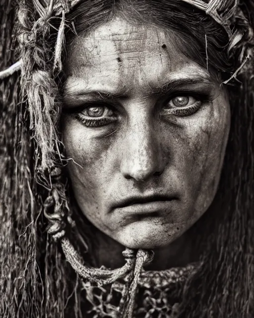 Prompt: Award winning Editorial photo of a Medieval Native Female Andorran with incredible hair and beautiful hyper-detailed eyes wearing traditional garb by Lee Jeffries, 85mm ND 5, perfect lighting, gelatin silver process