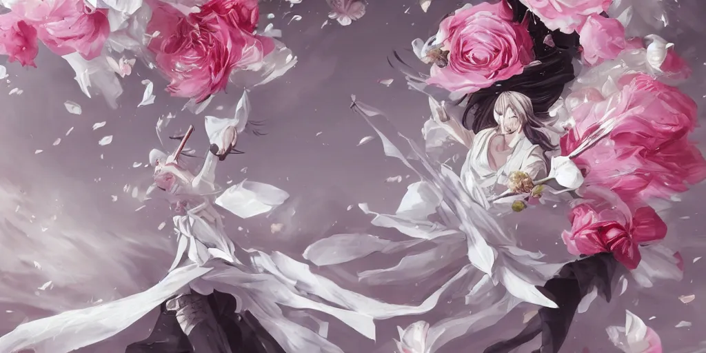 Image similar to floating flying longswords slicing through a bouquet of white and pink roses, flowers exploding and spraying, big puffy clouds, sharp rain, large rose petals, lotus petals, large polygonal background elements, large polygons, dramatic anime, dramatic lighting, artgerm, manga, trending on artstation, art nouveau, mature colors