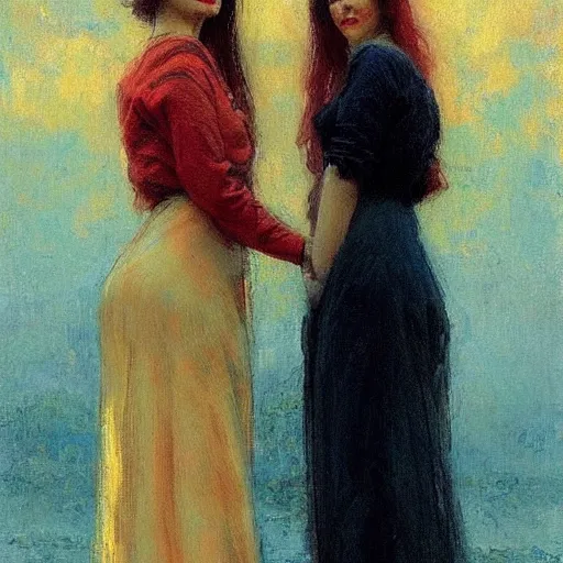 Image similar to two beautiful women in love, leaning in, vertical symmetry, warm colors, vintage shading, by Ilya Repin, artstation