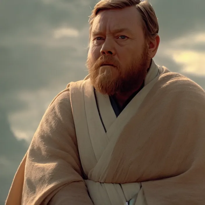 Image similar to obi wan kenobi but obese!!, photoralistic rendering, movie still, screenshot, hyperdetailed