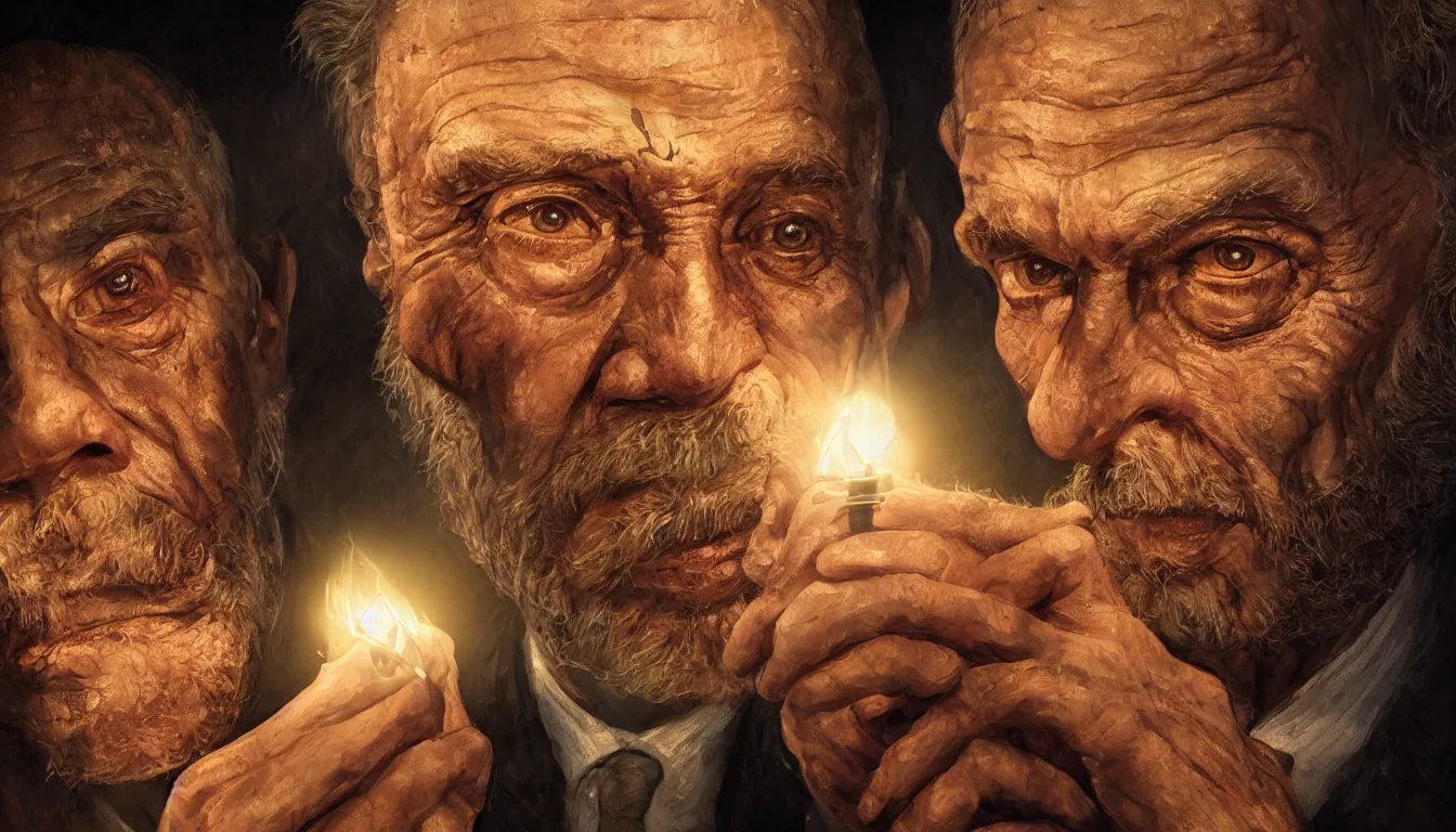 Image similar to an epic fantastic realism comic book style painting of an extreme closeup of the oldest man in the world, candlelight, 8 k, ultra realistic, lens flare, atmosphere, glow, detailed, intricate, full of colour, cinematic lighting, trending on artstation, 4 k, hyperrealistic, focused, extreme details, unreal engine 5, cinematic, masterpiece