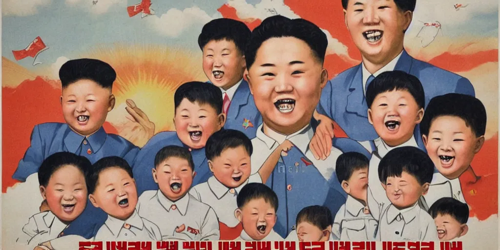 Image similar to north korean propaganda poster full of happy children