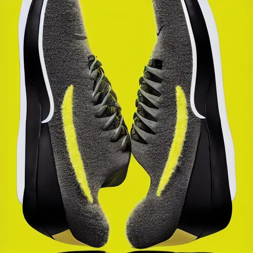 Prompt: poster nike shoe made of very fluffy yellow faux fur placed on reflective surface, professional advertising, overhead lighting, heavy detail, realistic by nate vanhook, mark miner