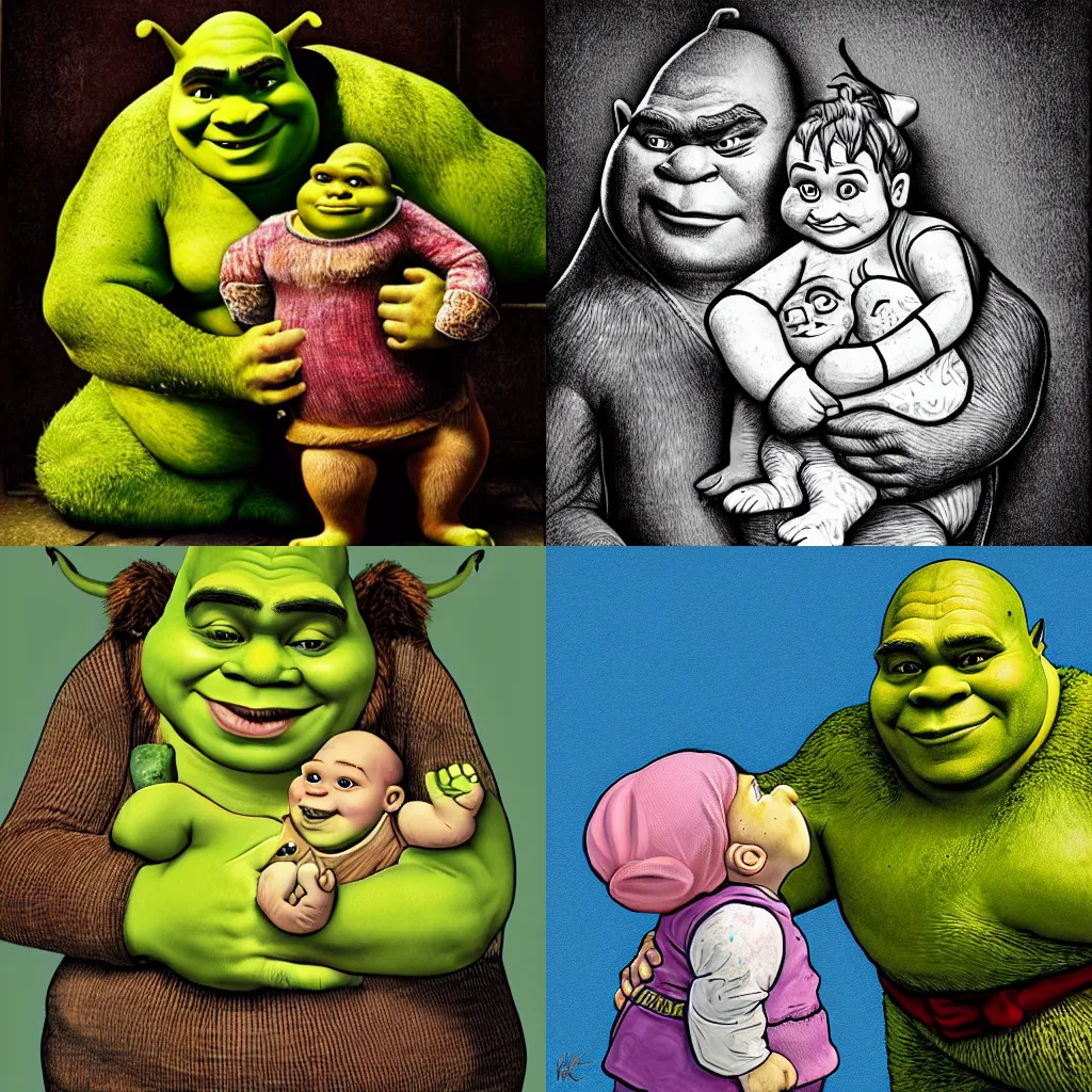 Prompt: full body portrait of Shrek eating a baby, by Karl Kopinski