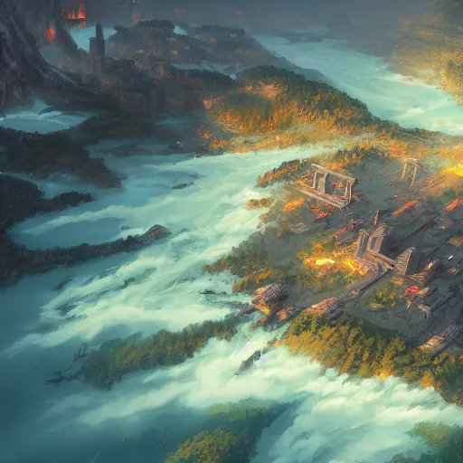 Image similar to a birds eye view overlooking an ancient fantasy city surrounded by mountains and trees of greens and browns, rivers and lakes but the city has been corrupted by a dark evil by Jordan Grimmer, Asher Brown Durand and Ryan Dening, 8k, artstation, beautiful color pallette