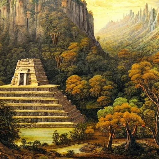 Image similar to A beautiful and highly detailed landscape painting of beautiful mayan temple in the mountains, detailed trees and cliffs, by Caspar Friedrich