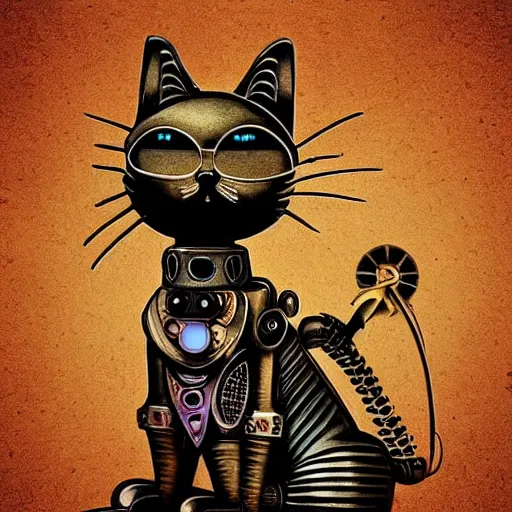 Image similar to a steampunk robotic cat, dark background, super - detailed,