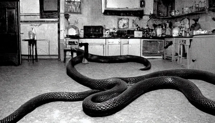 Image similar to a gigantic snake in a stalinist style kitchen, by mini dv camera, very very low quality, heavy grain, very blurry, accidental flash, webcam footage, found footage, security cam, caught on trail cam