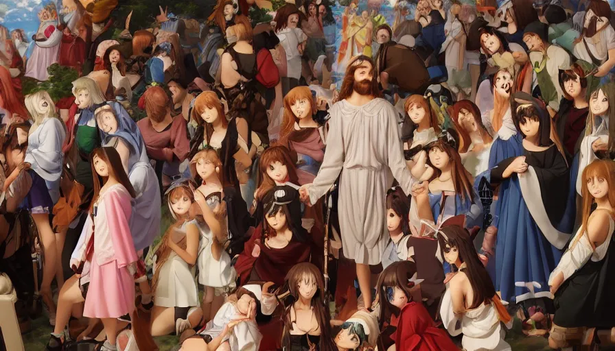 Image similar to jesus christ surrounded by cute anime girls, photorealistic, anime, mini skirt, neko, cat ears, renaissance painting, hyper real, detailed, wide angle shot, ultra detailed