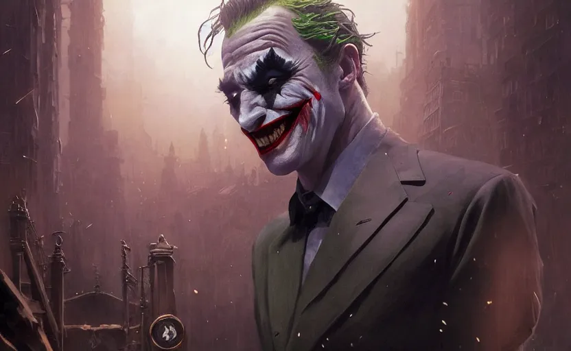 Image similar to highly detailed portrait of christoph waltz as the joker laughing, in batman comic book, stephen bliss, unreal engine, fantasy art by greg rutkowski, loish, rhads, ferdinand knab, makoto shinkai and lois van baarle, ilya kuvshinov, rossdraws, tom bagshaw, global illumination, radiant light, detailed and intricate environment