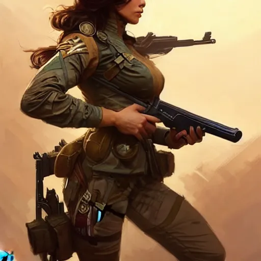 Prompt: hot female soldier carrying a gun, muscular upper body, D&D, fantasy, intricate, elegant, highly detailed, digital painting, artstation, concept art, smooth, sharp focus, illustration, art by artgerm and greg rutkowski and alphonse mucha