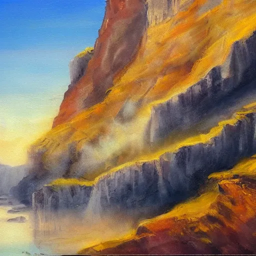 Image similar to dog lying next to a canyon close to the sea, evocative, mist, romanticism landscape painting