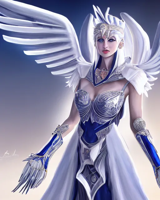 Image similar to perfect white haired egyptian goddess wearing white dove wings, warframe armor, regal, attractive, ornate, sultry, beautiful, ice queen, half asian, pretty face, blue eyes, detailed, scifi platform, 4 k, ultra realistic, epic lighting, illuminated, cinematic, masterpiece, art by akihito tsukushi, voidstar