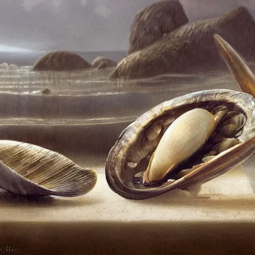 Prompt: bivalve, sea shell, mystery of the deep, quahogs. greg rutkowski, gustavo dore, national geographic, spiral, mollusc