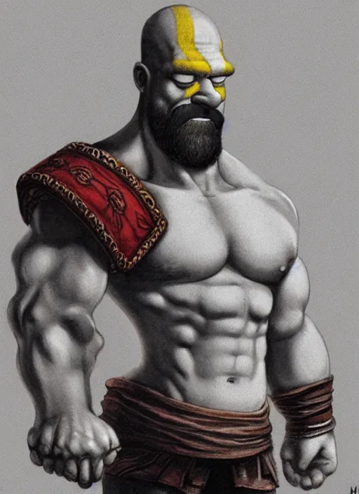 Prompt: chalk white Homer Simpson:: depicted as Kratos God of War, high detailed official artwork, Matt Groening cartoon art