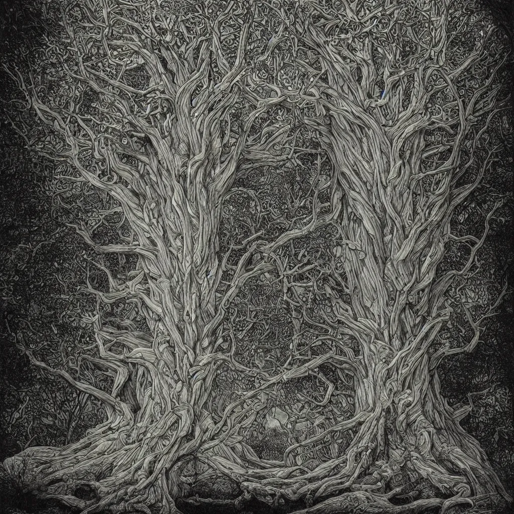 Image similar to tree of life, yggdrasil, moody lighting, by moebius, by laurie lipton