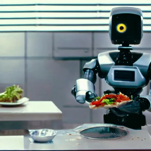 Image similar to Movie still of 'Future Science Apocalypse' (1990). Robot chef preparing food. Sigma 85mm f/1.4