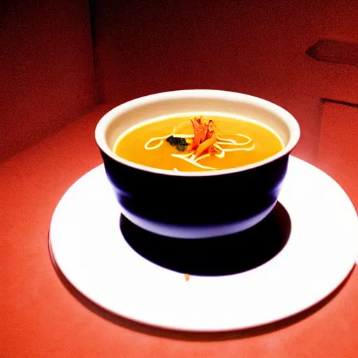 Image similar to a bowl of soup in an empty hotel hallway, mysterious, dark, cosmic, ethereal, mystical, neon lit