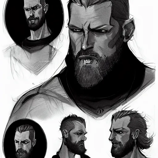 Image similar to character design sheet, concept art character, very high angle view, book cover, very attractive man with beard, walking in cyberpunk valley highly detailed full body, strong masculine features, sturdy body, command presence, royalty, smooth, sharp focus, organic, appealing, book cover, deep shadows, by Dave McKean sketch lineart for character design