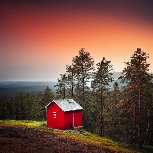 Image similar to stunning photo of landscape with an red cabin on a mountain by mikko lagerstedt